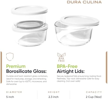 6-Piece Glass Food Storage Containers Set (3 Containers + 3 BPA-Free Lids) | 2-Cup, Leakproof | Microwave, Freezer, Oven & Dishwasher Safe | Ideal for Meal Prep & Pantry Organization, White