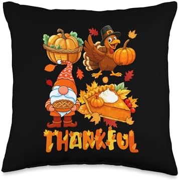 Thankful Thanksgiving Autumn Gnome Pumpkin Pie Turkey Throw Pillow by Unknown