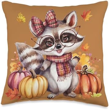 Fall Pumpkin Cute Raccoon Fall Autumn Thanksgiving Throw Pillow by Unknown