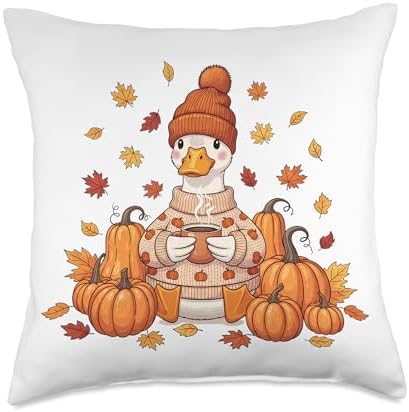 Cute Fall Duck Coffee Pumpkin Cozy Thanksgiving Design Throw Pillow by Unknown
