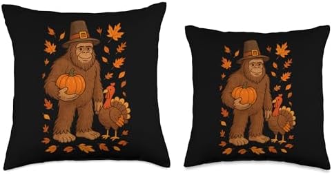 Bigfoot Thanksgiving Vibes with Pumpkin for Fall Fun Throw Pillow - Image 3