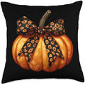 Thanksgiving Pumpkin Leopard Coquette Bow Vintage Halloween Throw Pillow by Unknown