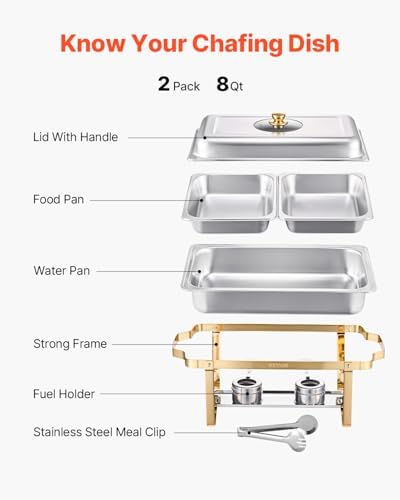 VEVOR Chafing Dish Buffet Set,8 Qt 2 Pack, Stainless Steel Chafer with 4 Half Size Pans, Rectangle Catering Warmer Server with Glass Lid Water Pan Folding Stand Fuel Holder, for Wedding Party Banquet - Image 5