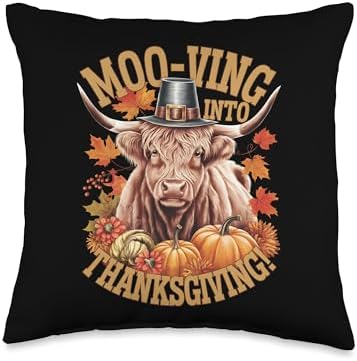 Moo-ving Into Thanksgiving Highland Cow Festive Throw Pillow by Unknown