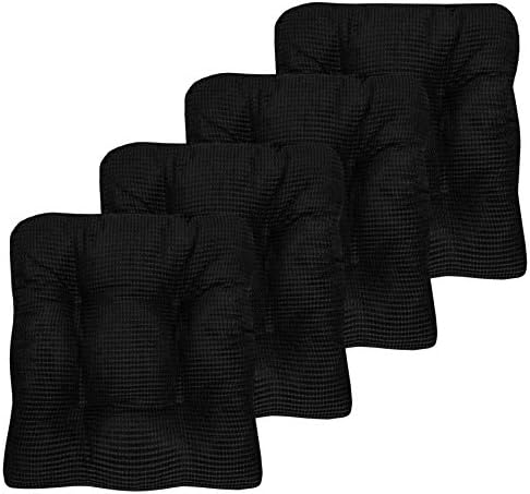 Sweet Home Collection Chair Cushion Crushed Memory Foam Pads Premium Slip Non Skid Microdot Rubber Back Tufted 16" x 16" x 3.25" Thick Seat Cover, 4 Pack, Black, Fluffy Chair Cushion by SweetHomeCollection