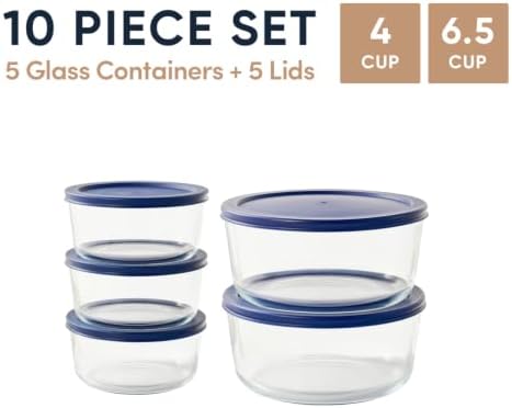 10-Piece Glass Food Storage Containers Set (5 Containers + 5 BPA-Free Lids) | 4-Cup & 6.5-Cup, Leakproof | Microwave, Freezer, Oven & Dishwasher Safe | Ideal for Meal Prep & Pantry Organization, Blue