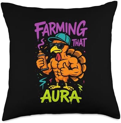 Farming That Aura Thanksgiving Turkey Teens Kids Rizz Vibes Throw Pillow by Unknown