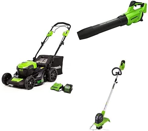 Greenworks 40V 21" Brushless Cordless Self-Propelled Electric Lawn Mower, Brushless Leaf Blower (130 MPH / 550 CFM), String Trimmer, 5.0Ah Battery and Charger