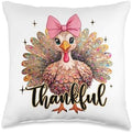 Thankful Girl Turkey Bow Sparkle Thanksgiving Fall Vibes Throw Pillow by Unknown