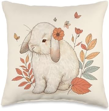 Holland Lop Rabbit Autumn Fall Red Leaves Bunny Thanksgiving Throw Pillow by Unknown