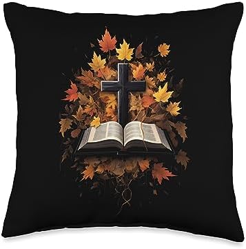 Bible Cross Autumn Leaves Christian Thanksgiving Throw Pillow by Unknown