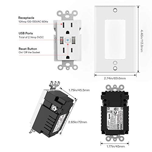 Smart in Wall Outlet, Standard Electrical Outlets with 2 USB Ports & 2 Plugs, Work with Alexa Google Home 15 Amp Outlet ETL FCC for Home Office | Tamper-Resistant, No Hub Required, 2.4G WiFi Outlet, Works with Alexa/Google Home, Kitchen/Bedroom/Office,...