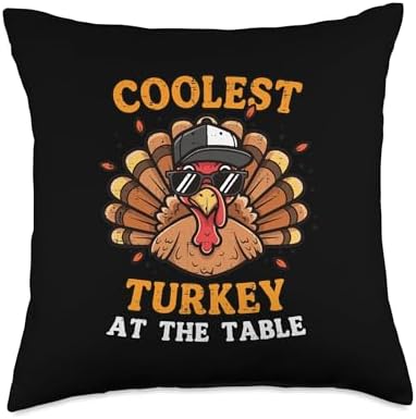 Coolest Turkey At Table Thanksgiving Fall Men Boys Kid Youth Throw Pillow by Unknown