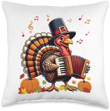 Funny Thanksgiving Turkey with Pilgrim Hat Playing Accordion Throw Pillow by Unknown
