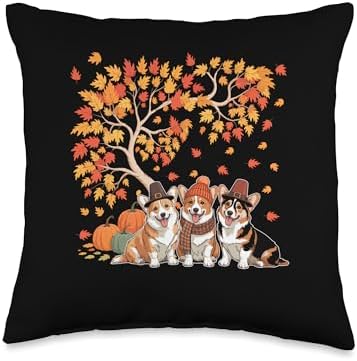Three Cute Corgis Pumpkins Under Fall Tree Thanksgiving Throw Pillow by Unknown