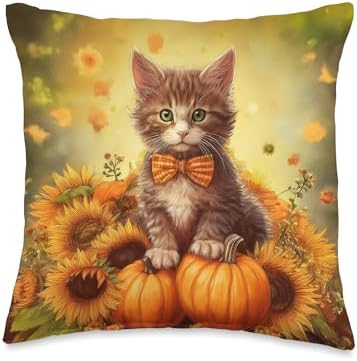 Autumn Tabby Cat Thanksgiving Pumpkins Sunflowers Throw Pillow by Unknown