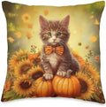 Autumn Tabby Cat Thanksgiving Pumpkins Sunflowers Throw Pillow by Unknown