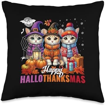 Halloween Thanksgiving Christmas Happy HalloThanksMas Cats Throw Pillow by Unknown