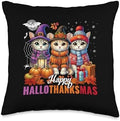 Halloween Thanksgiving Christmas Happy HalloThanksMas Cats Throw Pillow by Unknown