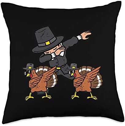 Pilgrim And Turkey Dab Thanksgiving Dance Boys Girls Kids Throw Pillow by Unknown