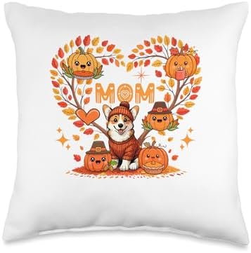 Mom Thanksgiving Corgi Pupmkins Fall Tree Cute Heart Throw Pillow by Unknown