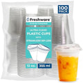 Freshware Clear Plastic Cups with Strawless Sip Lids [100 Cups - 12 oz] Disposable Tumblers for Iced Coffee, Smoothie, Milkshake, Cold Drinks by Freshware