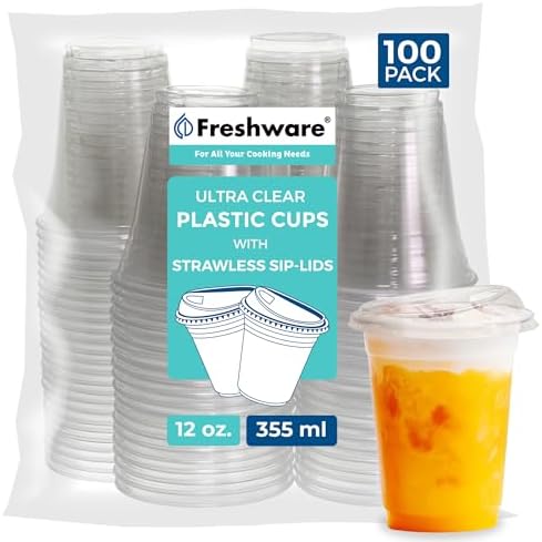 Freshware Clear Plastic Cups with Strawless Sip Lids [100 Cups - 12 oz] Disposable Tumblers for Iced Coffee, Smoothie, Milkshake, Cold Drinks by Freshware