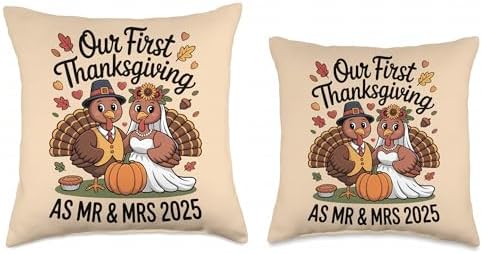 Our First Thanksgiving as Mr and Mrs 2025 Turkey Newlywed Throw Pillow - Image 3