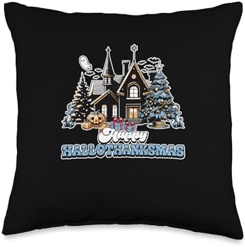 Halloween Thanksgiving Christmas HalloThanksMas House Throw Pillow by Unknown