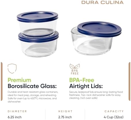 6-Piece Glass Food Storage Containers Set (3 Containers + 3 BPA-Free Lids) | 4-Cup, Leakproof | Microwave, Freezer, Oven & Dishwasher Safe | Ideal for Meal Prep & Pantry Organization, Blue