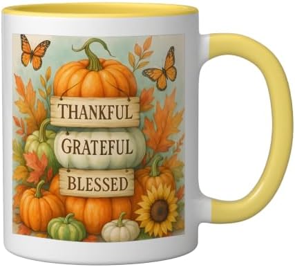 Thankful Grateful Blessed - Fall Pumpkin Family Thanksgiving Ceramic Mug, Yellow/White, 11oz - Image 2