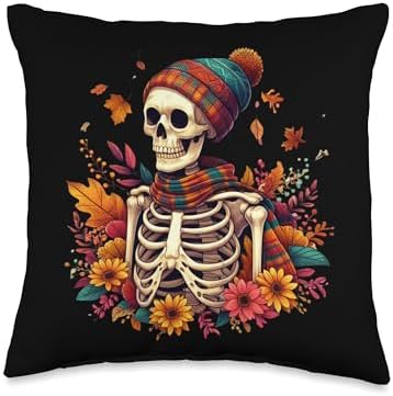 Fall Skeleton Autumn Leaves Skelly Halloween Thanksgiving Throw Pillow by Unknown
