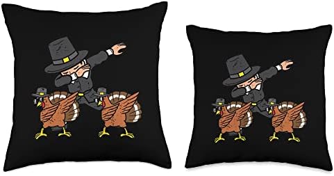 Pilgrim And Turkey Dab Thanksgiving Dance Boys Girls Kids Throw Pillow - Image 3