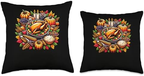 Thanksgiving Feast Illustration Harvest Scene Throw Pillow - Image 3