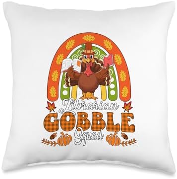 Librarian Gobble Squad Thanksgiving Turkey Fall Rainbow Throw Pillow by Unknown