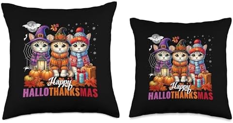 Halloween Thanksgiving Christmas Happy HalloThanksMas Cats Throw Pillow - Image 3
