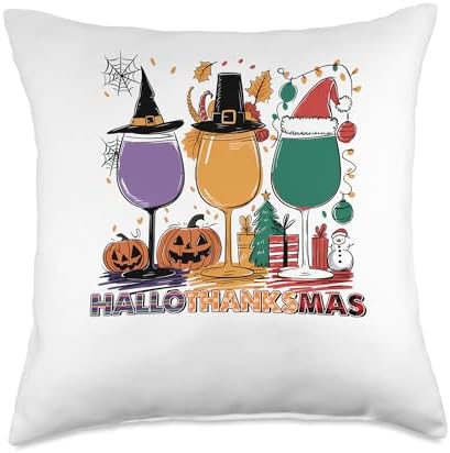 halloween thanksgiving christmas happy hallothanksmas glass Throw Pillow by Unknown