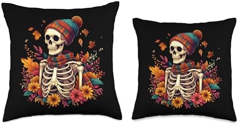 Fall Skeleton Autumn Leaves Skelly Halloween Thanksgiving Throw Pillow - Image 3