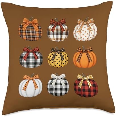 Cute Buffalo Plaid Pumpkin Coquette Bow Preppy Thanksgiving Throw Pillow by Unknown
