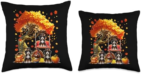 Three Cute Bernedoodles Under Fall Tree Thanksgiving Owner Throw Pillow - Image 3