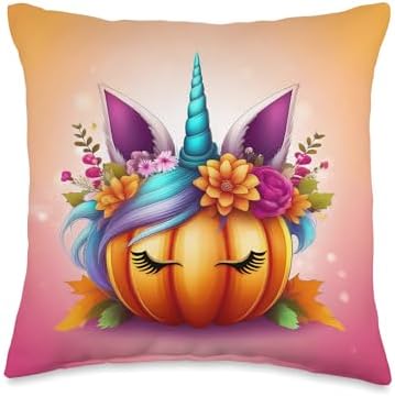 Unicorn Pumpkin Halloween, Thanksgiving, Autumn Women Girls Throw Pillow by Unknown