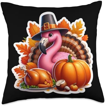 Thanksgiving Flamingo Fall Autumn Cottagecore Pumpkin Cute Throw Pillow by Unknown