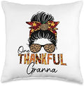 One Thankful Granna Leopard Messy Bun Pumpkin Thanksgiving Throw Pillow by Unknown