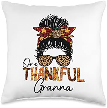One Thankful Granna Leopard Messy Bun Pumpkin Thanksgiving Throw Pillow by Unknown