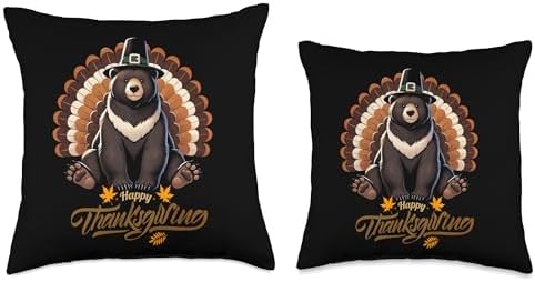 Funny Black Bear with Turkey Feathers Thanksgiving Throw Pillow - Image 3