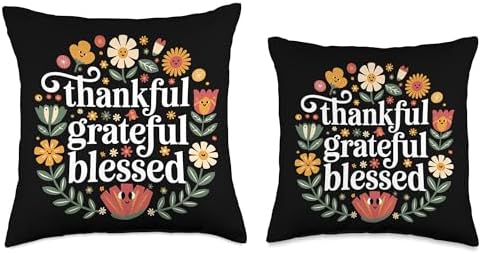 Grateful Thankful Blessed Floral Thanksgiving Fall Autumn Throw Pillow - Image 3