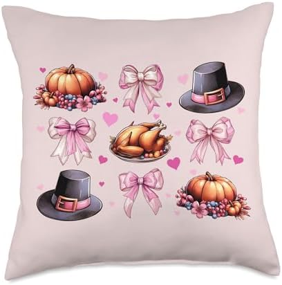 Coquette Bow Thanksgiving Day Turkey Hat Pink Throw Pillow by Unknown