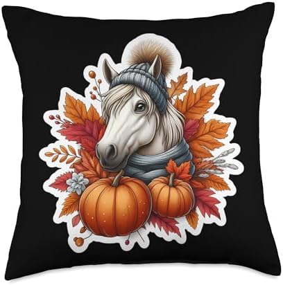 Autumn Fall Horse Lover Thanksgiving Pumpkin Leaves Cute Throw Pillow by Unknown