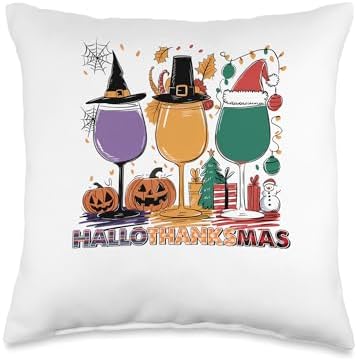 halloween thanksgiving christmas happy hallothanksmas glass Throw Pillow by Unknown