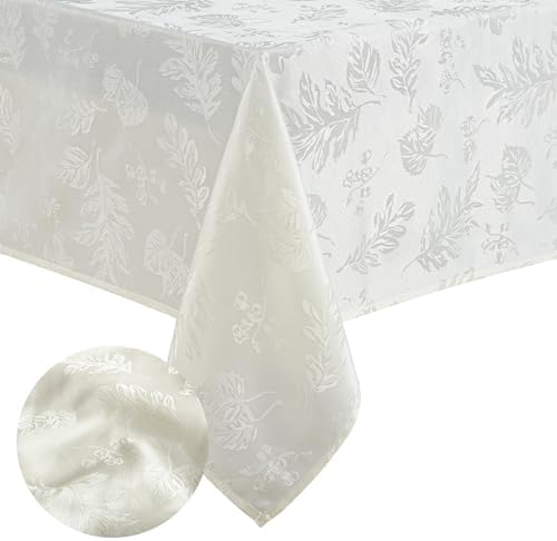 Elegant Woven Leaves Jacquard Damask Tablecloth, Ivory - 60" W x 120" L